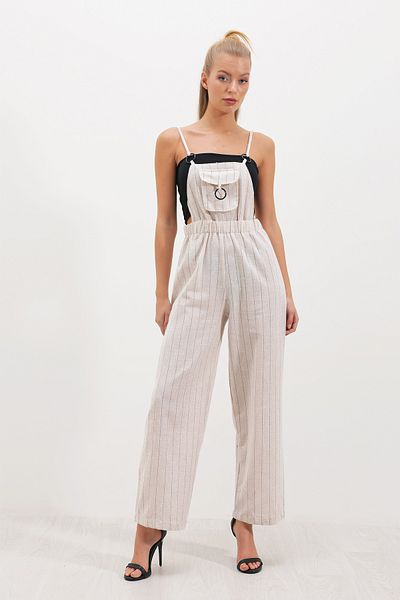 HAKKE Women's Striped Ring Pocket Strap Waist Elastic Linen Jumpsuit