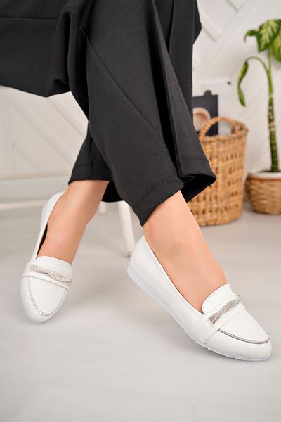 Nexs Women's Curved Stoned White Ballerinas