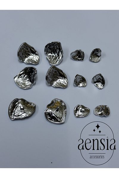 aensia Silver Wrinkled Asymmetric Curved Shell Model Metal Coat Jacket Button - Set of 12 (6 Large + 6 Small)