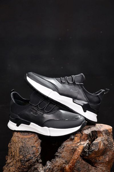 MARCOMEN Men's Summer 100% Genuine Leather Black Sneakers with Innovative Style Elegance and Comfort Thick Sole