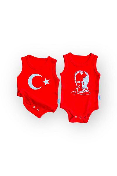 Miyakidsworld Ataturk and Turkish Flag Designed Printed 2 Pieces Red Snap-On Sleeveless Unisex Baby Bodysuit