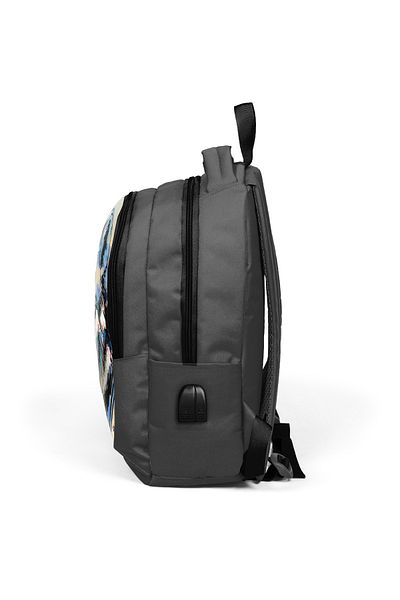 Coral High Rucsac pentru școală USB cu trei compartimente, gri, negru, cu model de lup 24317