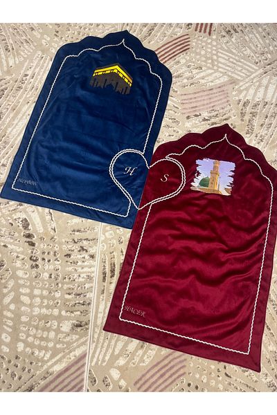 Evince Blue-red heart-shaped prayer fiber, 2 pieces with gray stripes, letter + name embroidered.