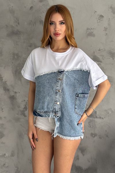 FEMELLE Blugi alb cu croială asimetrică de damă, tricou cu design cu ciucuri cu buzunare laterale