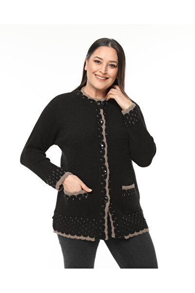 Elvin Triko Kadın Anne Siyah Kışlık Kalın Büyük Beden Hırka