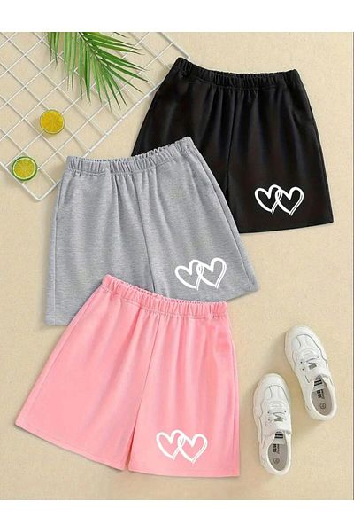 LOUİSA Girl's 3 Pack Little Hearts Printed Relax Combed Cotton Shorts