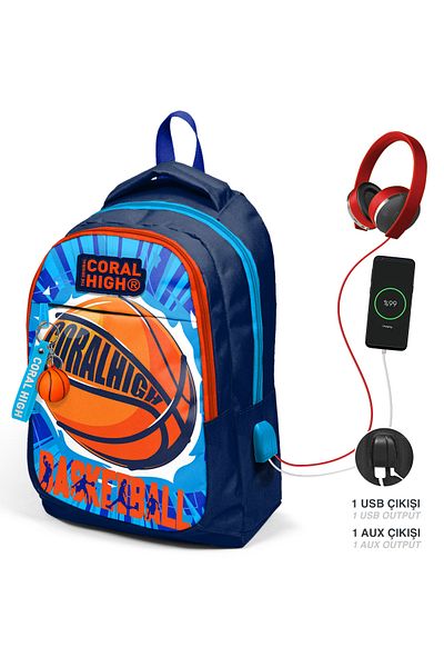 Coral High Minge de baschet cu model pentru copii, albastru bleumarin, rucsac școlar USB cu trei compartimente 24318