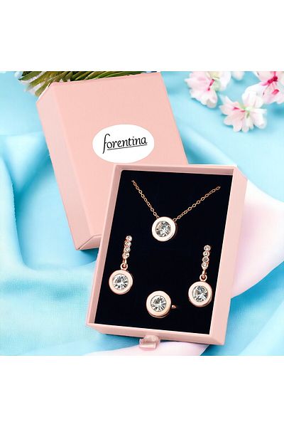 Forentina Rose Round Necklace Earrings Ring in Pink Box Gift Jewelry Set PS3376