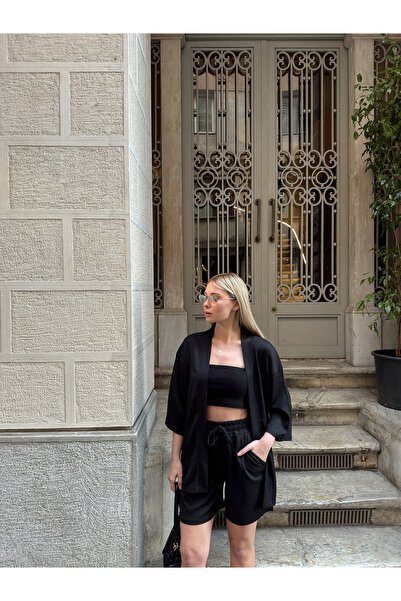 AFROGİYİM Női mintás, alacsony vállú kimonó szett rövidnadrággal