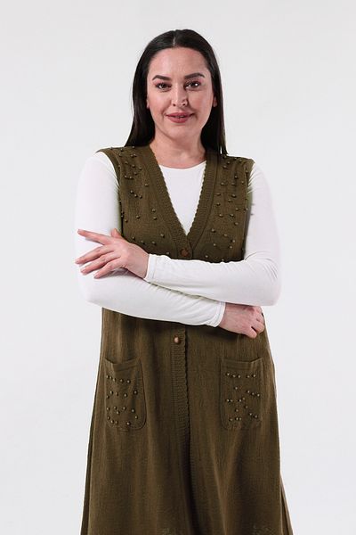 Elvin Special Knitwear Large Size Women's Thin Beaded Mother Long Vest