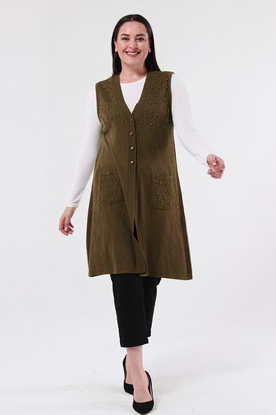 Elvin Special Knitwear Large Size Women's Thin Beaded Mother Long Vest