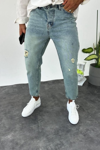 MADZEYMODA Boyfriend Ανδρικό σκισμένο λεπτομερές μπλε τζιν παντελόνι