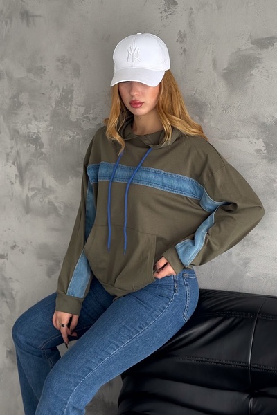 FEMELLE Women's Denim Detailed Hooded Sweatshirt