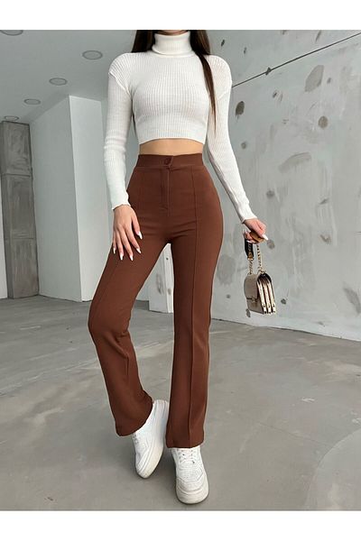 CNRCollection Women's Brown High Waist Lycra Recovery Crepe Fabric Front Striped Palazzo Pants