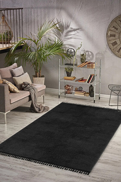 Valery Home Vl Comfort Puffy Ponpon Saçak Peluş Yıkanabilir Siyah Yolluk