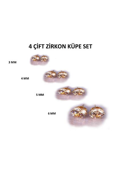 Öte Beri Hayallerin Ötesi 316l Surgical Steel Antiallergic Unisex 3mm, 4mm, 5mm, 6mm Square Zircon 4 Pairs Earrings Set