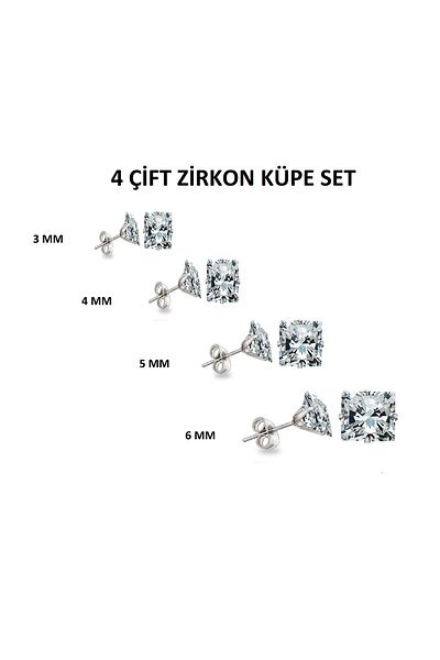 Öte Beri Hayallerin Ötesi Unisex 316l Surgical Steel - Antiallergic, 3mm, 4mm, 5mm, 6mm Square Zircon Double Earring Set