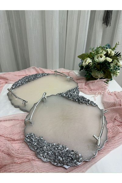 filiz kına ENGAGEMENT TABLE, GROOM TABLE, PRESENTATION TABLE 2 PIECES EPOXY HALF STONE MODEL SILVER Henna, WEDDING, WEDDING