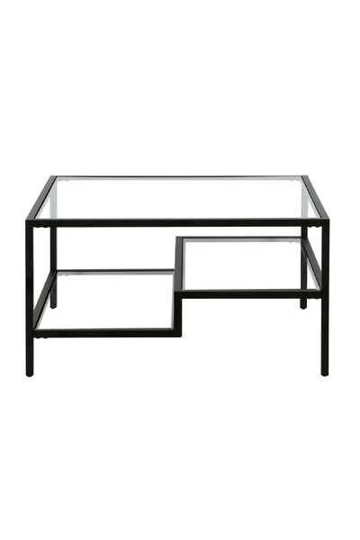 TOLIAHOME Modern Siyah Renk Raflı Metal İskeletli Temper Camlı Kare Orta Sehpa