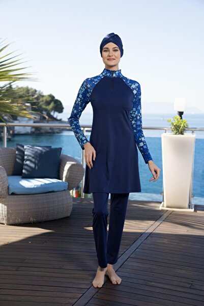 Estiva Γυναικείο μαγιό με μισό φερμουάρ με τετράγωνο σχέδιο, μπλε ναυτικό