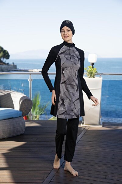 Estiva Γυναικείο μαγιό με μοτίβο με μισό φερμουάρ, μαύρο