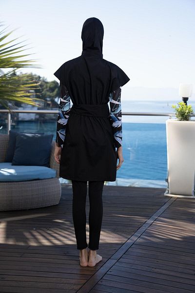 Estiva Women's Full Covered Zippered Belted Hijab Swimsuit Black