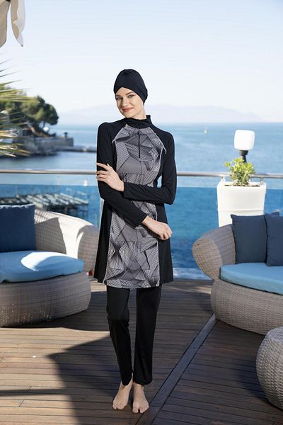 Estiva Women's Full Covered Half Zipper Line Patterned Hijab Swimsuit Black