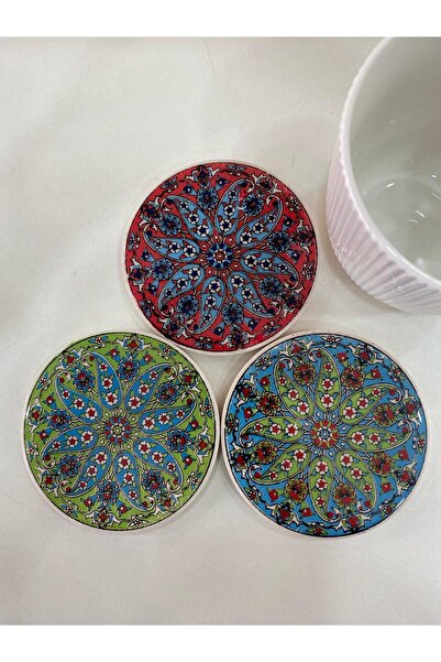 Eren Çini Seramiği 3 Adet 9 cm Çini Desenli  Seramik Bardak Altlığı