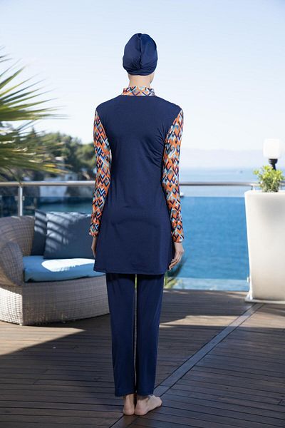 Estiva Women's Full Covered Half Zipper Geometric Patterned Hijab Swimsuit Navy Blue