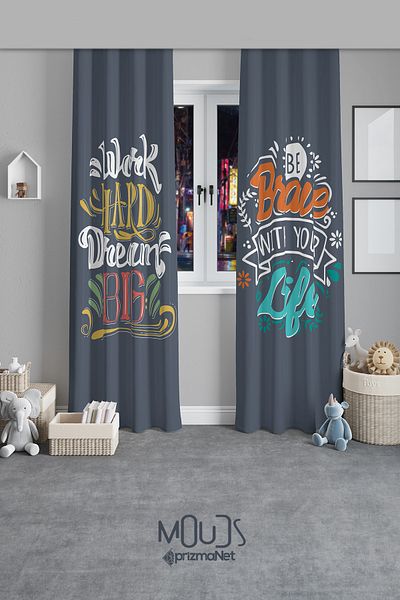 Moud's Brave Life Patterned Background Curtain Youth Room Living Room Suede Printed Extrafor Drawstring 2 Sash PRD-2029