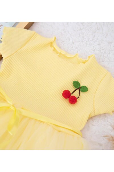 bonalind Üstü Ribana Kumaş Altı Astarlı Tüllü Kirazlı Kız Çocuk Elbise