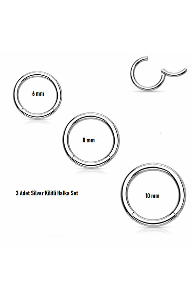 Öte Beri Hayallerin Ötesi 316L Cerrahi Çelik Kıkırdak Tragus Helix 6mm,8mm,10mm 3Adet Kilitli Halka Hızma Küpe Piercing Set