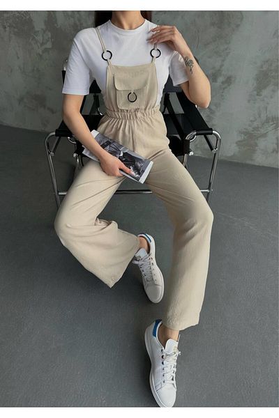 MsLena Butik Comfortable Women's Jumpsuit with Aerobin Fabric - Strap, Pocket and Ring Detail, Elastic Waist Stone Mi260-12161