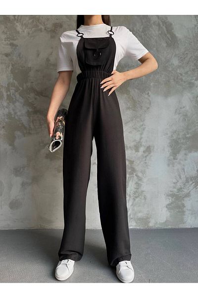 MsLena Butik Strap Pocket and Ring Detailed Elastic Waist Comfortable Fit Aerobin Fabric Women's Jumpsuit Black Mi260-12161