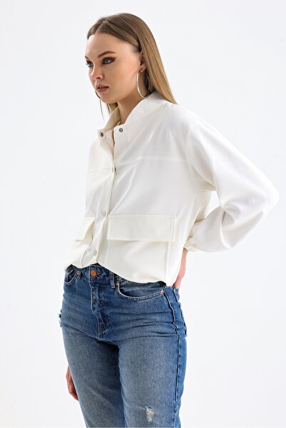 MD trend Women's Elastic Waist Double Pocket Soft Textured Bomber Jacket