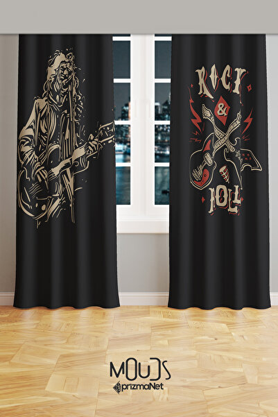 Moud's Rock'n Roll Patterned Background Curtain Youth Room Living Room Suede Printed Extrafor Drawstring 2 Sash PRD-2022