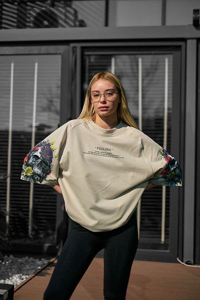 MADZEYMODA Unisex Oversize Loose Fit Print Detailed Crew Neck Cream T-Shirt