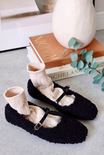 POLKA STORE Winnie Teddy Plush Closed Back Single Band Square Toe Women's Bal...