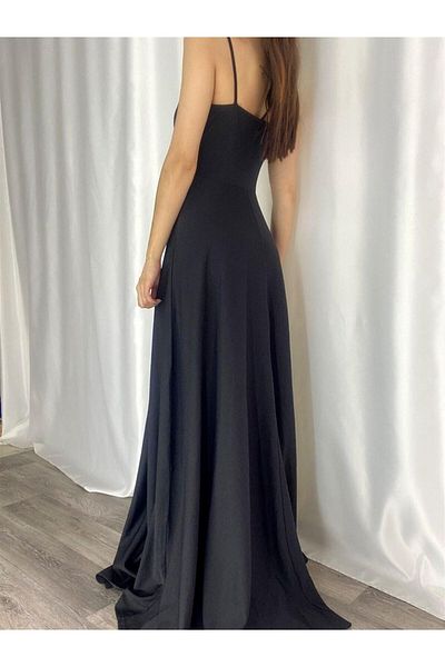mafdress Black Crepe Fabric Slit Detailed Evening Dress