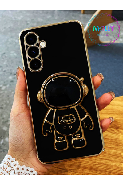 Molly Samsung Galaxy A54 Için Siyah Astronot Standlı Kenarları Gold Detaylı L...
