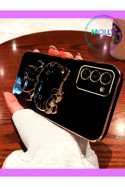 Molly Samsung Galaxy S20 FE İçin Siyah Hello Kitty Standlı Kenarları Gold Det...