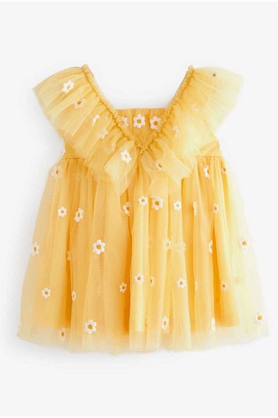 Next Baby Yellow Daisy Embroidered Ruffle Collar Baby Dress