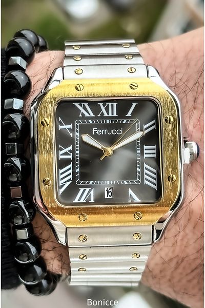Ferrucci Steel Cord, Square Case, with Calendar, Yellow Color Men's Wrist Watch+Bracelet
