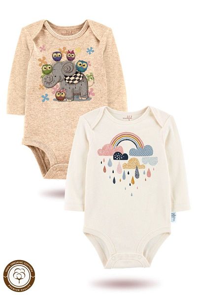 MAHFEL Pack of 2 Organic "Elephant-Rainbow" Printed Long Sleeve Baby Bodysuit