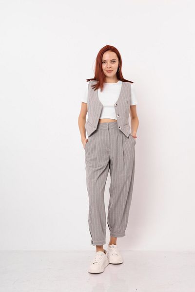 votre bonn couture Premium Fabric Striped Gray Button Detail Trousers