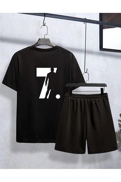 AMMA Unisex Black Cristiano Ronaldo CR7 Printed Bottom Top T-Shirt Shorts Set