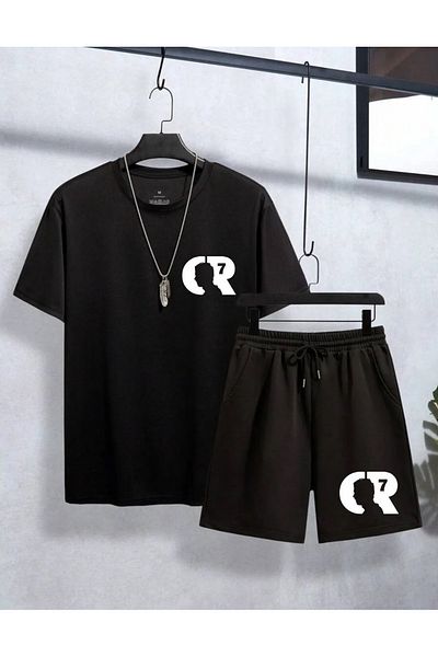 AMMA Unisex Black Cristiano Ronaldo CR7 Printed Bottom Top T-Shirt Shorts Set