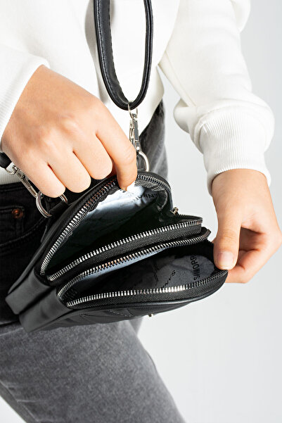 By Hakan Sn 1395 Unisex Phone Holder crossbody bag with Zipper Section and Adjustable Strap BLACK