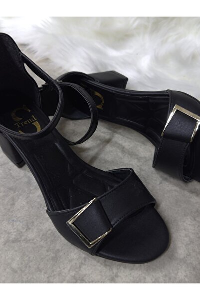 Allyup Daily Black Sandale de damă Cataramă Toc gros Curea la gleznă Deget to...