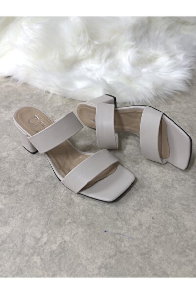 Allyup Daily Beige Women's Slippers Double Banded Thick Heel Blunt Toe Simple Comfortable Soft Sole 271